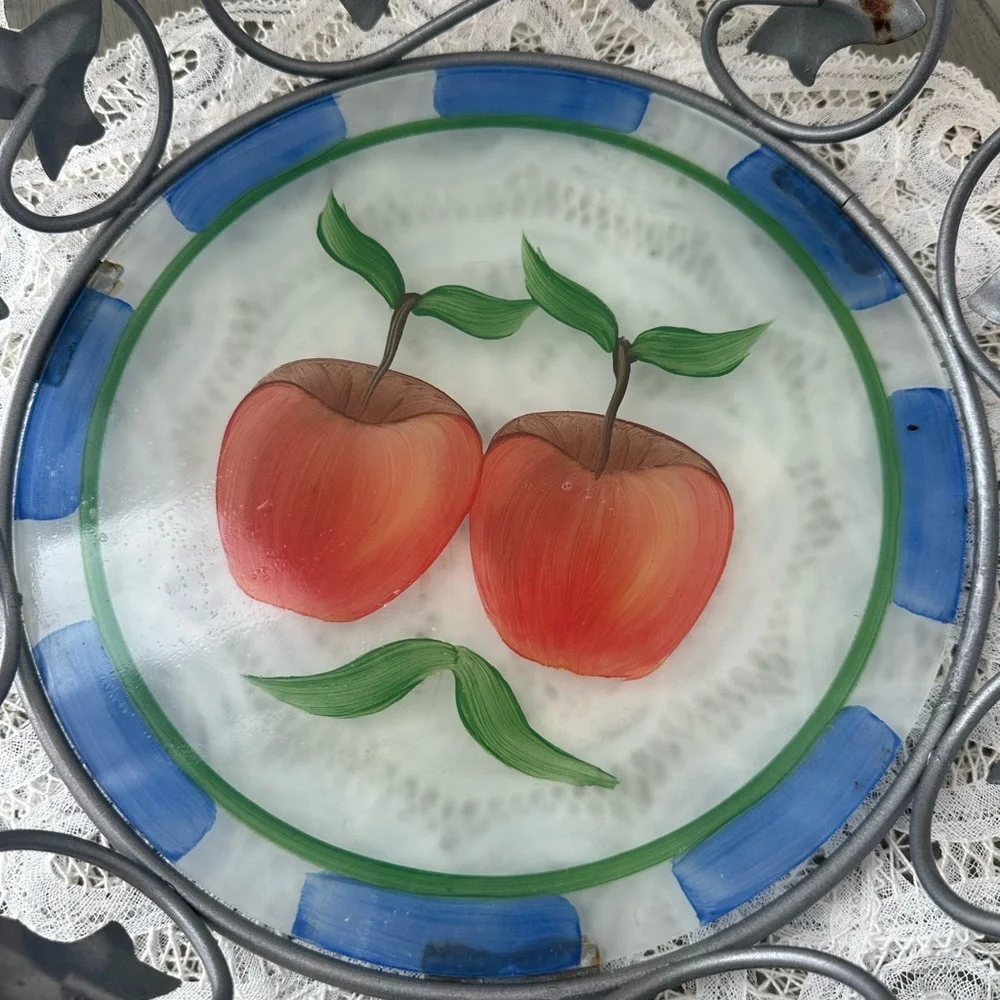 Vintage Metal Frame Glass Bottom Tray Bowl Hand Painted Apples Farmhouse